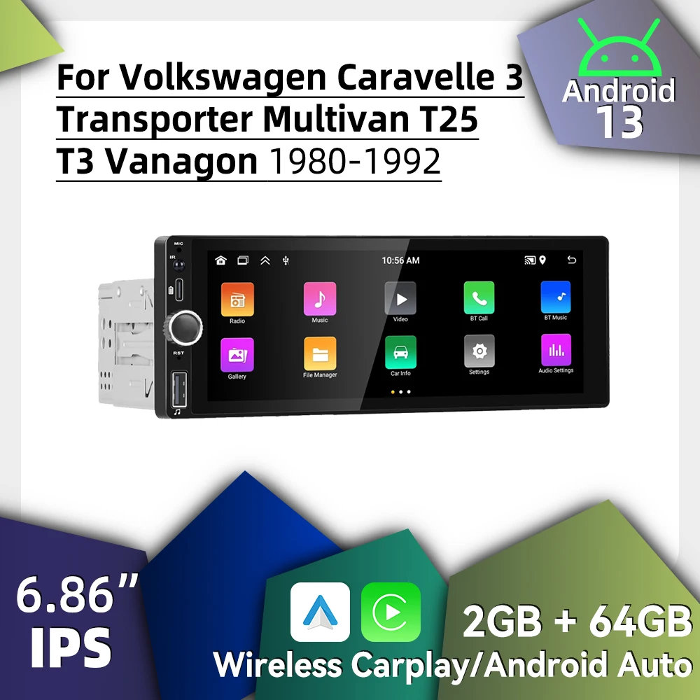 

Carplay 1 Din Radio Android for VW Volkswagen Caravelle 3 Transporter Multivan T25 T3 Vanagon 1980-1992 6.86" Car Multimedia