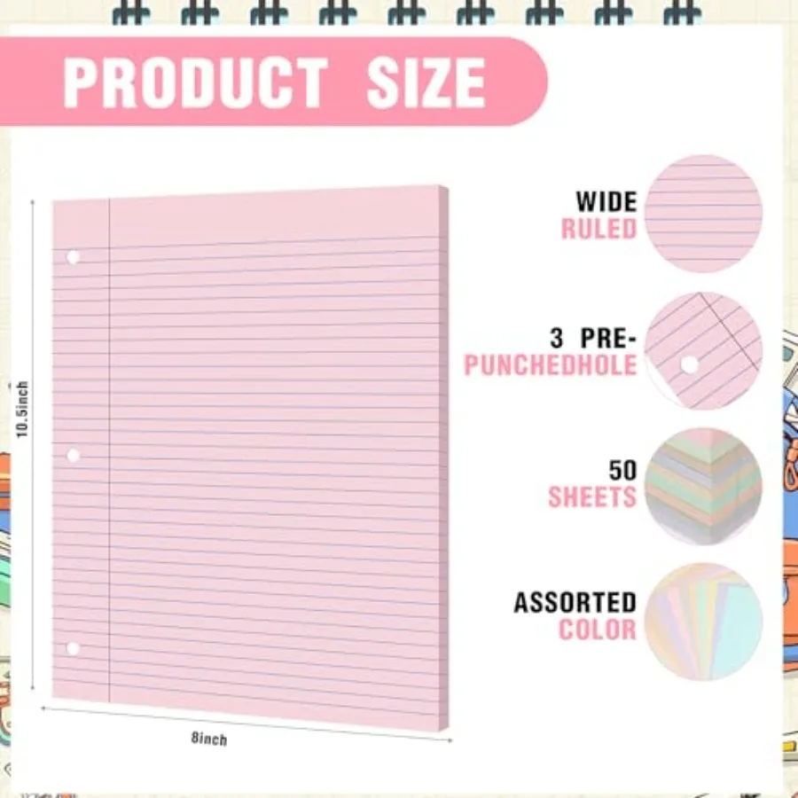 12 Pack 600 Sheets Colored Loose Leaf Paper Wide Ruled 8