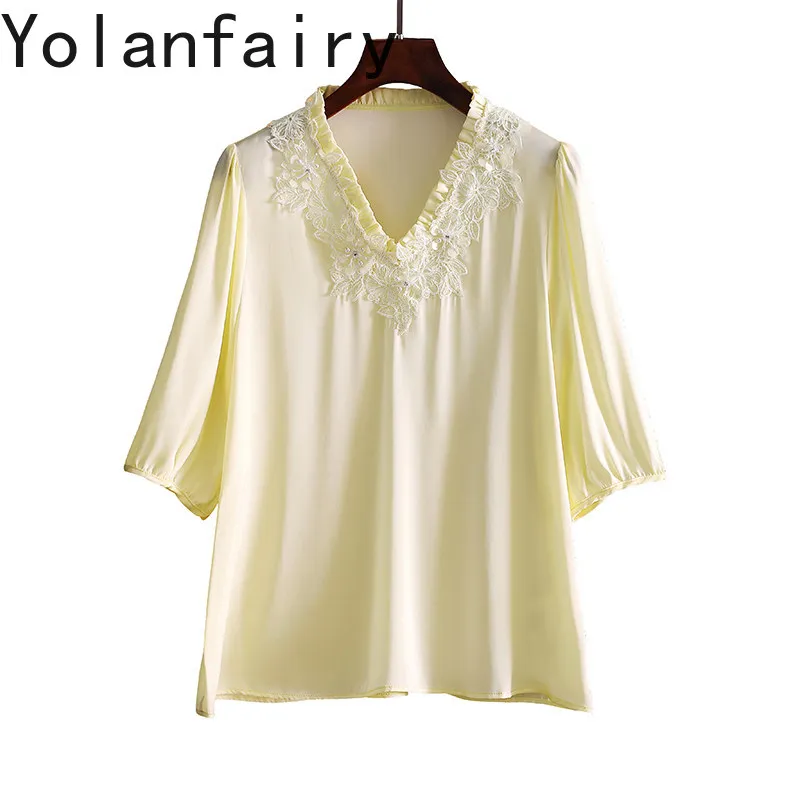 YOLANFAIRY High Quality 95% Mulberry Silk Shirts Woman Summer 2026 Elegant Lace Tee Shirt Femme High-end Fashion Blouses Tops