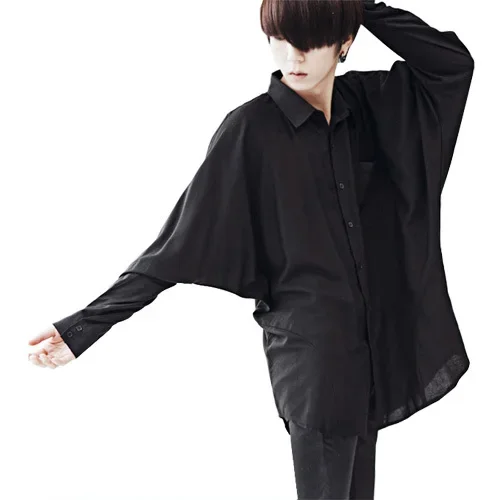 S-6XL 2024 Men's Clothing Batwing Sleeve Solid Color Shirt Mercerized Cotton Casual Long-sleeve Shirt Fluid Singer Costumes