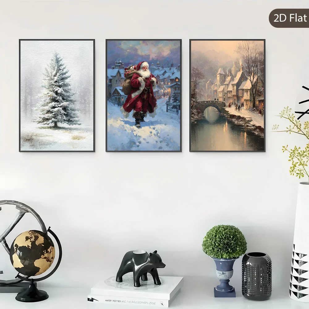 2D Flat, 3pcs Unframed Christmas Scene Wall Arts, Festive Spirit Canvas Wall Art, Santa Claus Art Prints, Winter Wonderland P