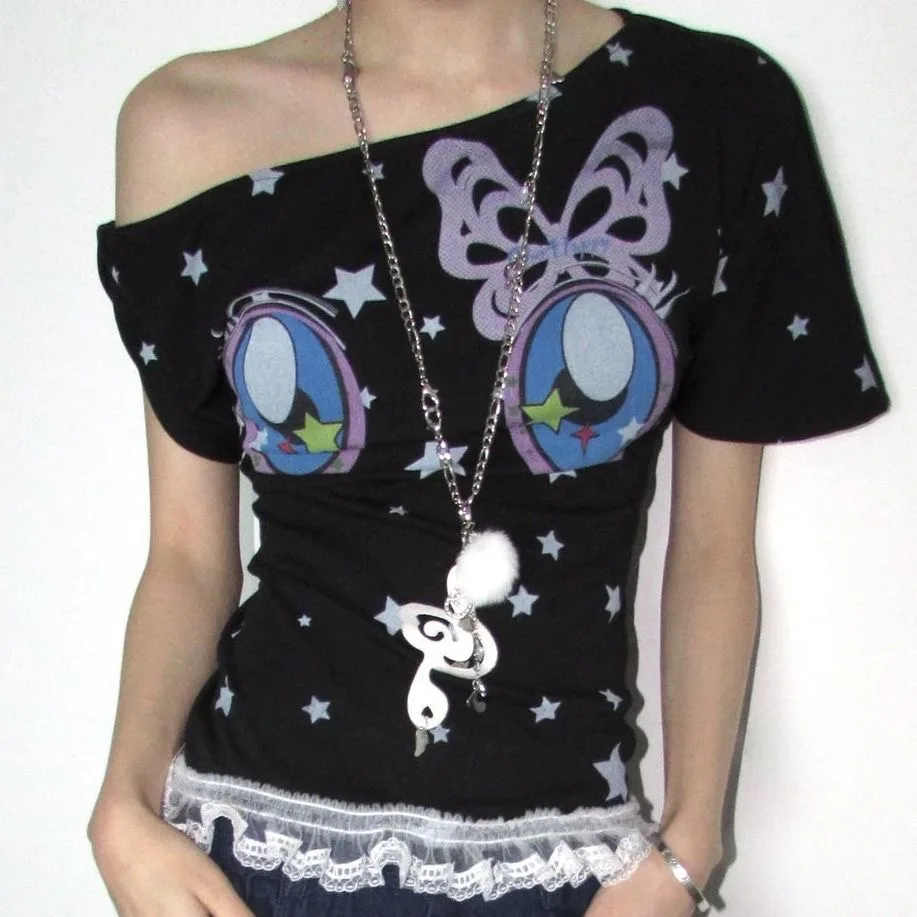 Star & Cartoon Eye Print Off Shoulder Top Women With Lace Trim Y2K Grunge Aesthetic Streetwear Casual Short Sleeve Blouse