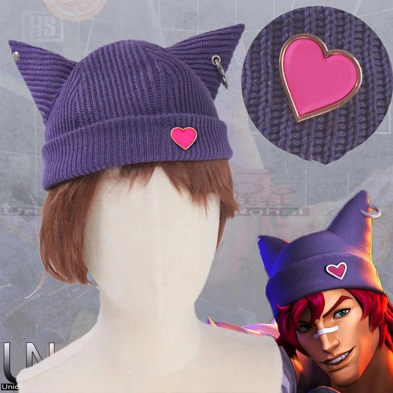 LOL Heartsteel Sett Cosplay Love Hat Wig The Boss Purple knitted Hat Prop Unisex Halloween Carnival Party Prop Shoe