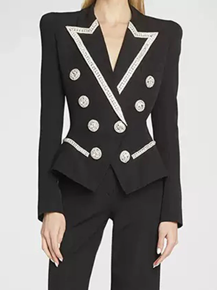 

Autumn 2025 new heavy industry fashion studded beaded double-breasted slim long-sleeved temperament female suit jacket.