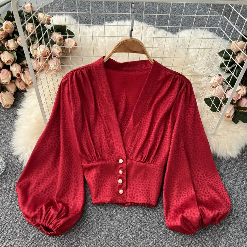 Design French Vintage Women Blouse 2024 New Fashion Elegant Lantern Sleeve Sexy V Neck Slim Waist Cropped Shirts Streetwear Tops