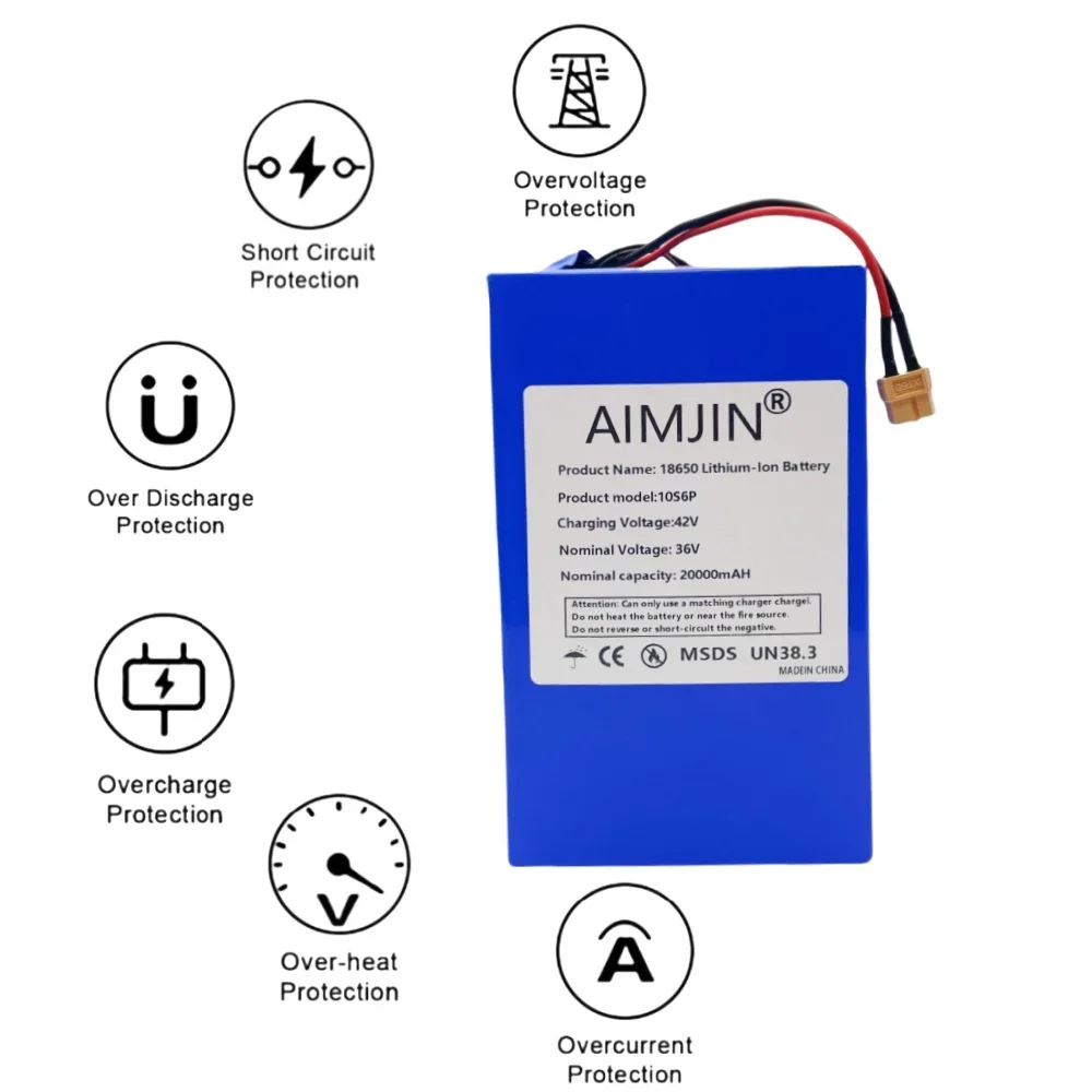 Batterie Li-ion Rechargeable haute capacité 18650 10S6P 36V 20000mAh, BMS intégré, adaptée à la batterie de Scooter électrique