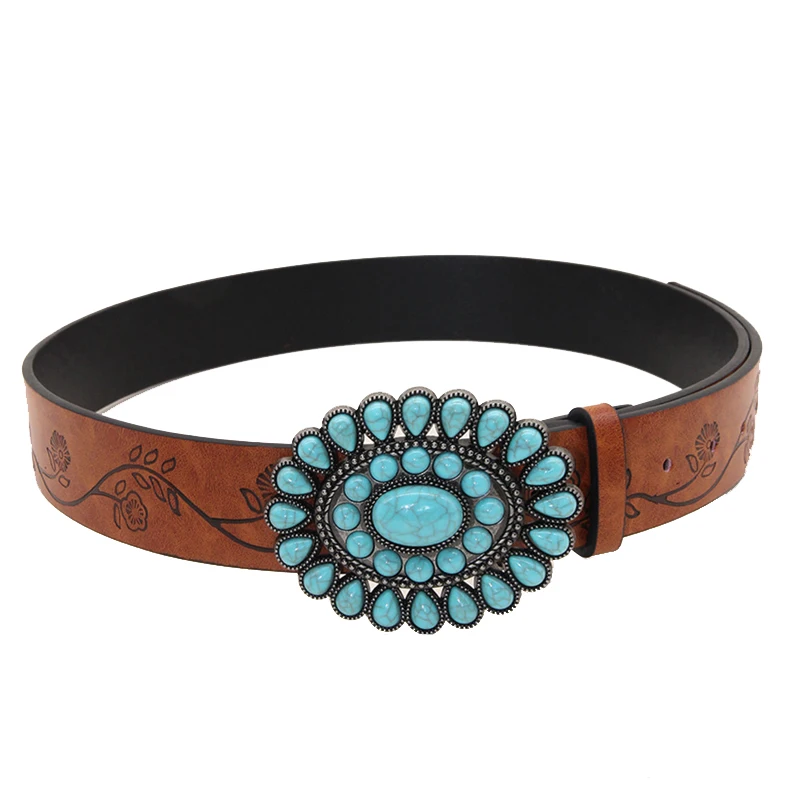 Western Flower Embossed PU Leather Turquoise Decoration Women Belt for Jeans