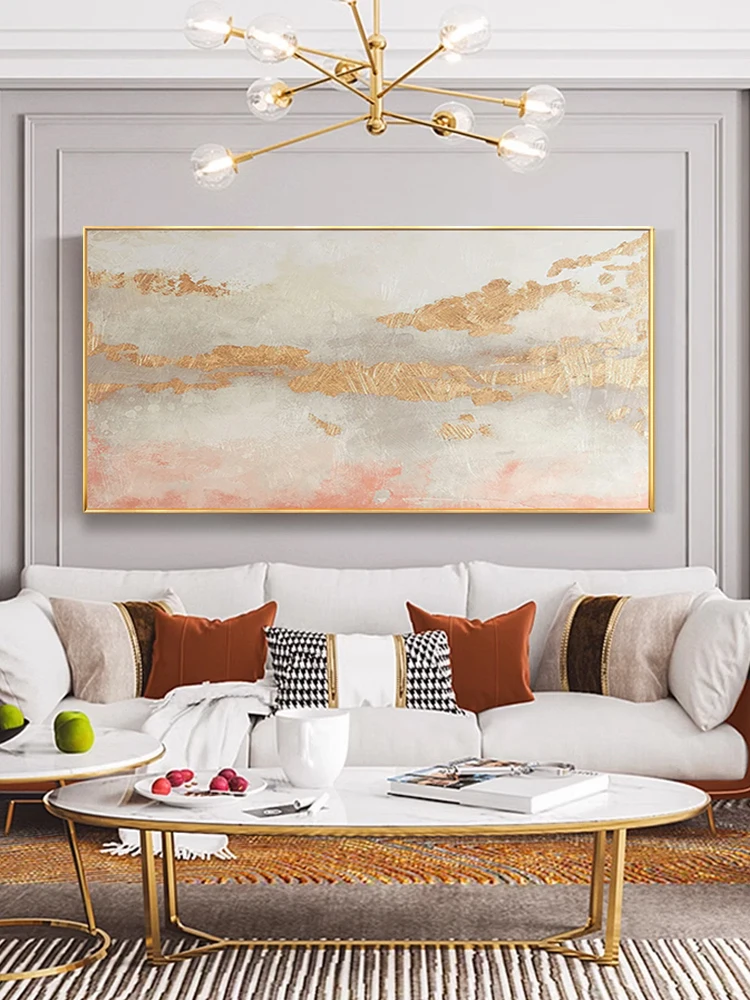 

Hand Painted Three-Dimensional Oil Painting Pink Gold Foil Decorative Modern Minimalistic Abstraction Living Room Wall