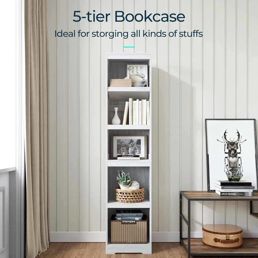 رف كتب ضيق طويل القامة مكون من 5 أرفف - أرفف عرض للتخزين على الأرض لديكور المنزل، 68 بوصة