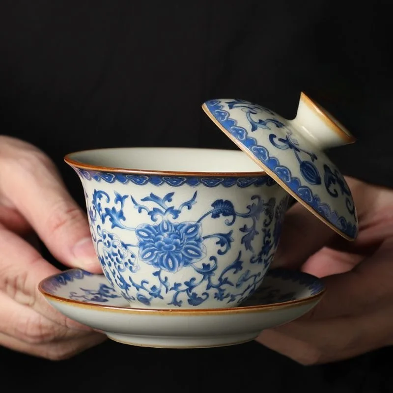 1 Stück Blau-Weiß Ru-Kiln Gongfu Dreiteilige Abgedeckte Schale Teetasse Chinesischer Stil Gongfu Teekannen-Schale