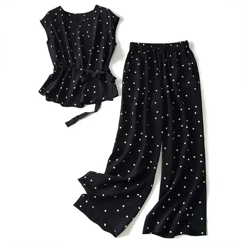 Fashion Black Polka Dot Chiffon Shirt and Pants Two-piece Suit Ummer Korean Wide-leg Pants Light Top Suit LOOSE Elastic Waist