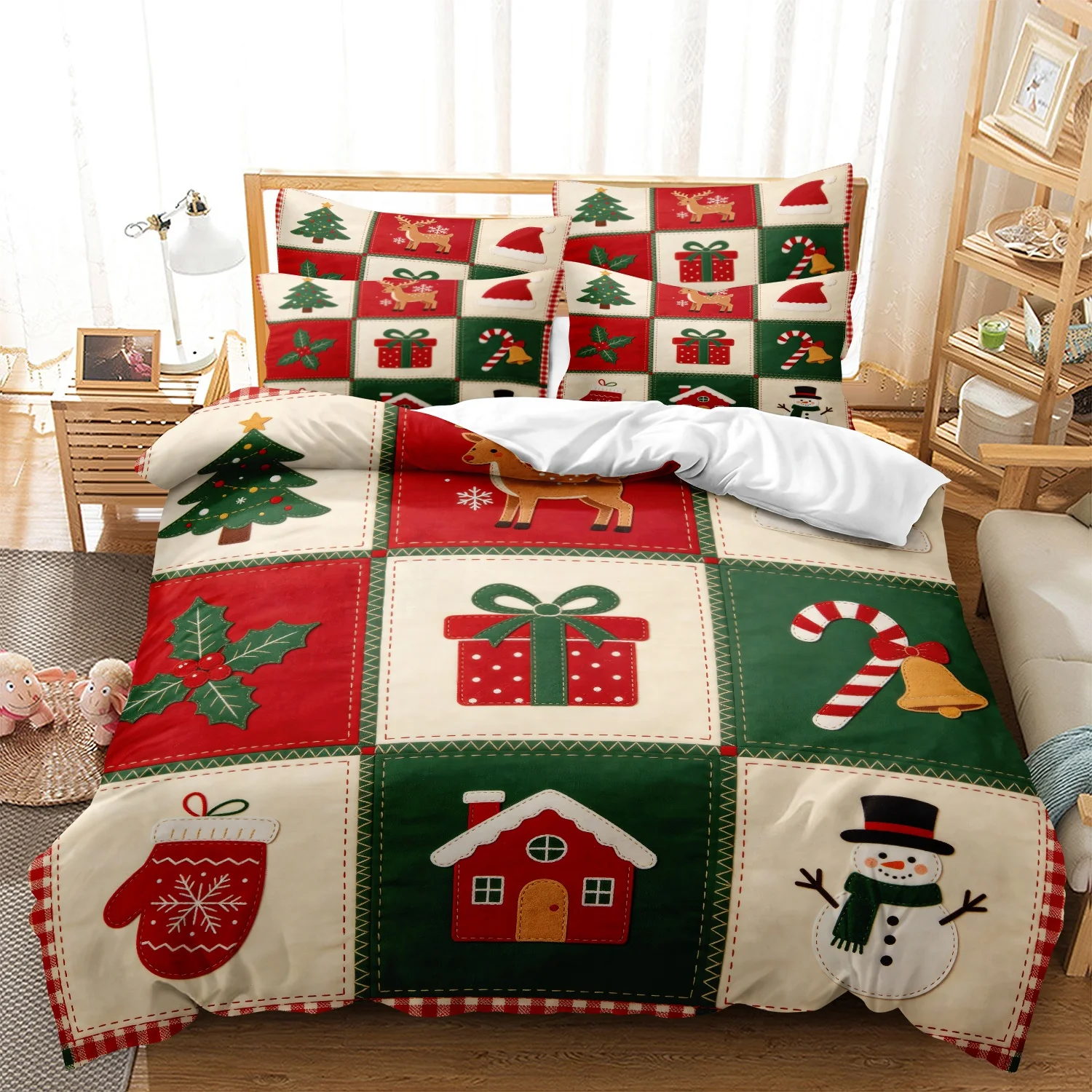 3Pcs Plaid Snowman Gift Box Gingerbread House Candy Cane Holly Print Duvet Cover Set, Geometry Christmas Patchwork Print Bedding