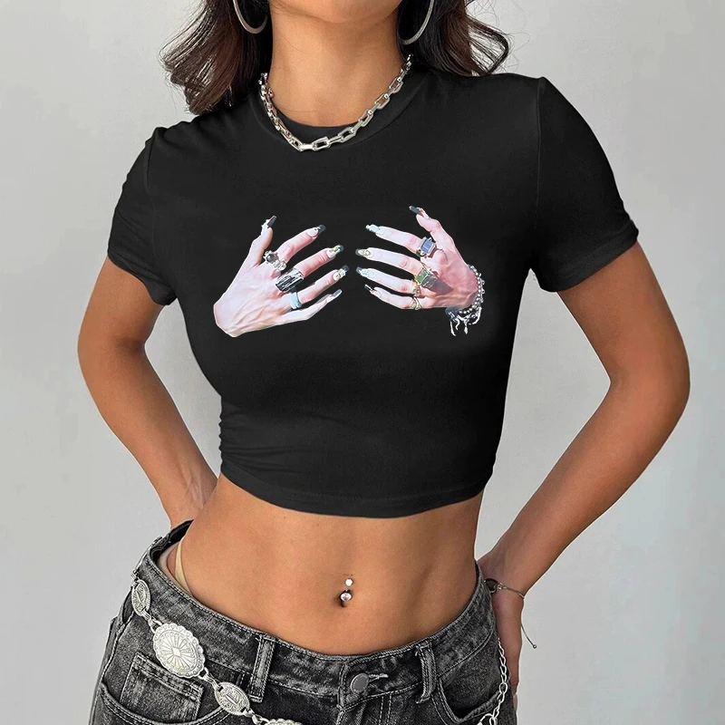 Koszulka damska streetwear, uniwersalna, klasyczna, vintage, z kreatywnym nadrukiem ręcznie robionym, typu baby tee, Y2k, Harajuku, punk, dopasowana, seksowna, crop top