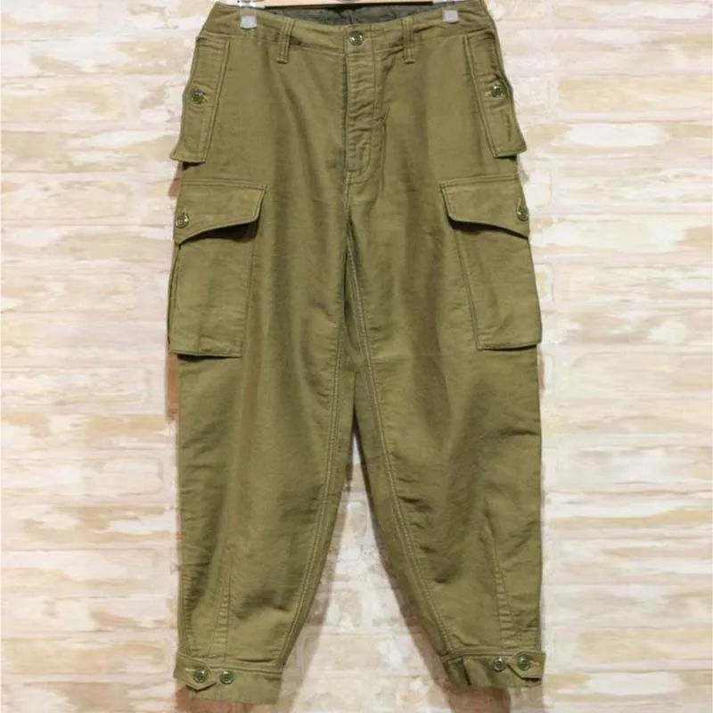 

YANGHAOYUSONG tooling retro casual small feet multi-pocket loose brushed twill cotton 9-point pants