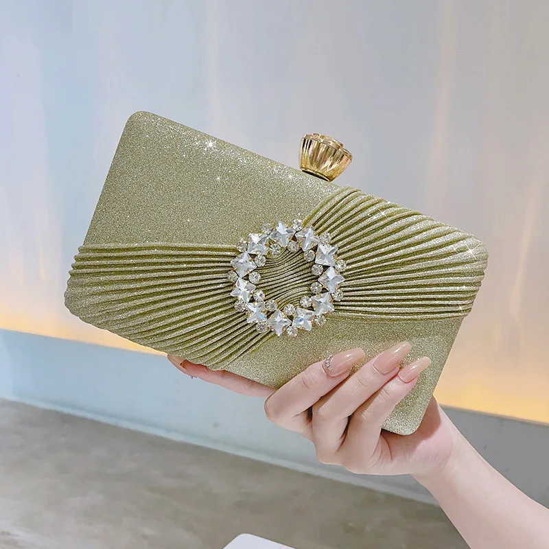 

Rhinestone Ring Handle Evening Clutch Women Pleated Box Bag Elegant Square Purse For Party Wedding Dinner