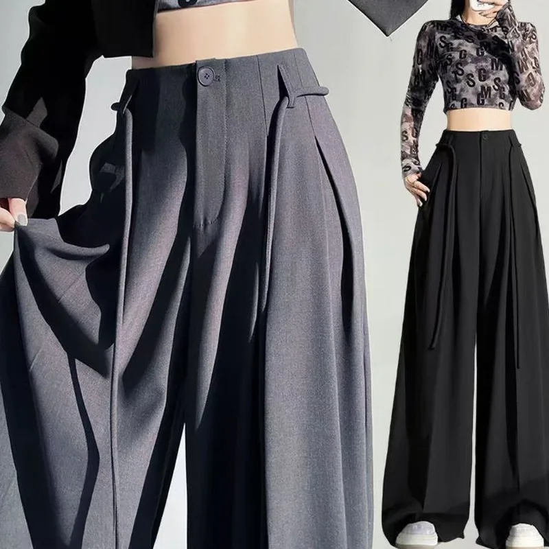 Early Spring New Korean-style Drawstring Pleated Wide-leg Pants with A Niche Design and High-waisted Slimming Look Fashion 2026