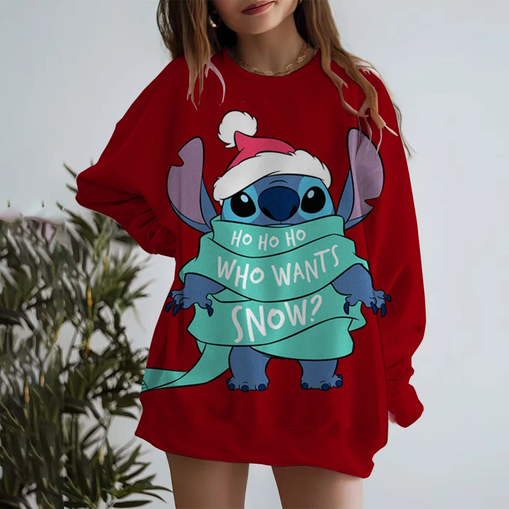 Christmas Disney Stitch Hoodie Long Sleeve Round Neck T-shirt Autumn/Winter Basic Hoodie Women's Knitted Checkered Sleeve Sports