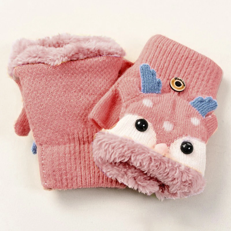 Winter Kids Gloves Boys Girls Knitted Half Finger Flip Glove Cartoon Christmas Deer Plush Thick Warm Mittens Unisex