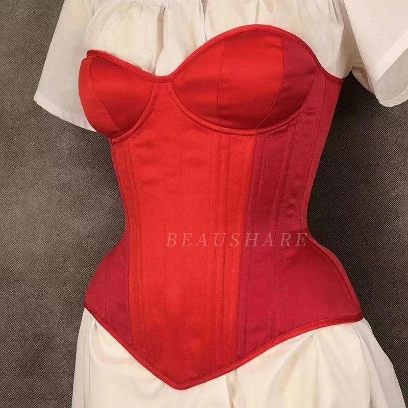 Women Corset Bustier WIth Cups Overbust Vintage Bodices Tight Lace Up Double Boned Shaping Tops Waist Chinner Wedding Satin Red