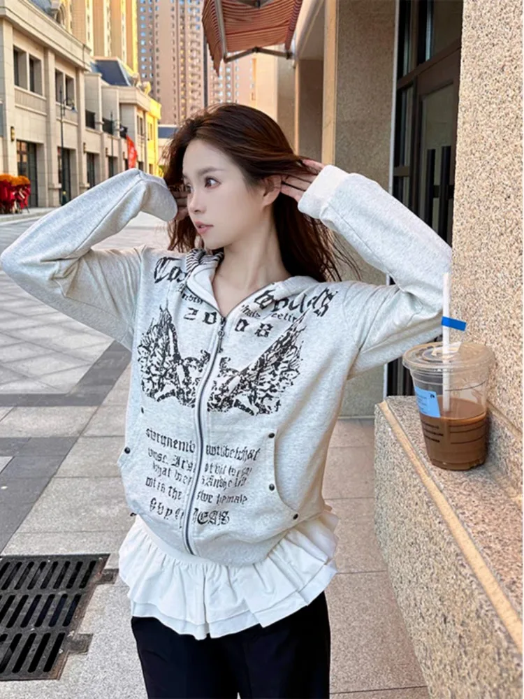 الأمريكية خمر رسالة مطبوعة الأبيض مقنعين البلوز 2025 الخريف الشتاء بلوزة جديدة للنساء فضفاضة طويلة الأكمام معطف غير رسمي