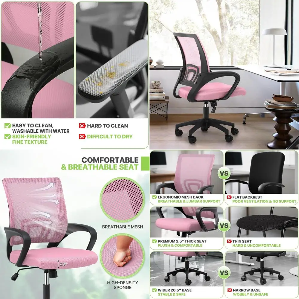 

Ergonomic Mid-Back Mesh Office Chair with Lumbar Support and Adjustable Armrests, 300 lbs Capacity, Pink for Gaming, Work, Study