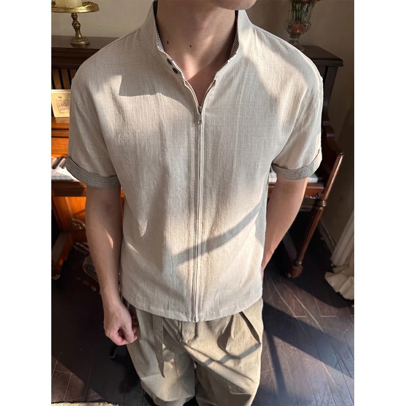 Summer Plaid Patchwork Oversized Old Money Short Sleeve Cardigan Breathable Vintage Classic Trendy Fashion Style Men's Shirts