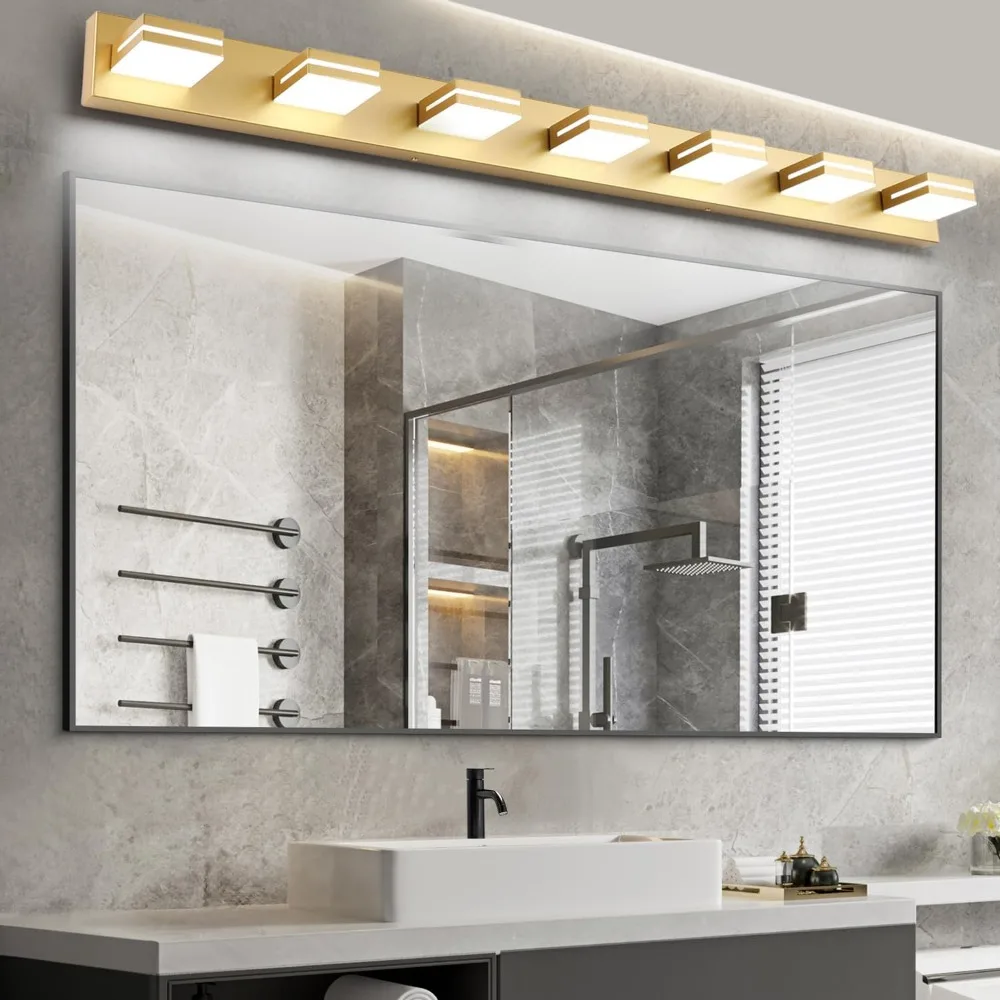 Lámpara LED moderna para tocador de baño (7 luces, 55 pulgadas), lámpara de espejo de pared de baño acrílica moderna dorada