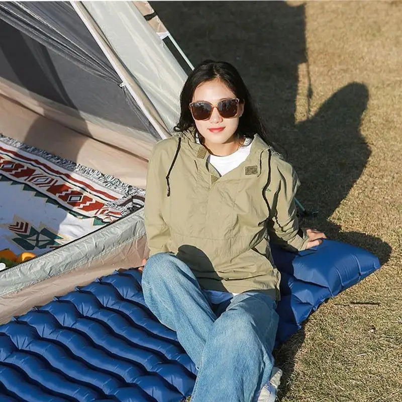 

Inflatable Camping Mattress Camp Mat With Pillow Built-in Foot Pump Portable Air Bed Travel Supplies For Backpacking Hiking