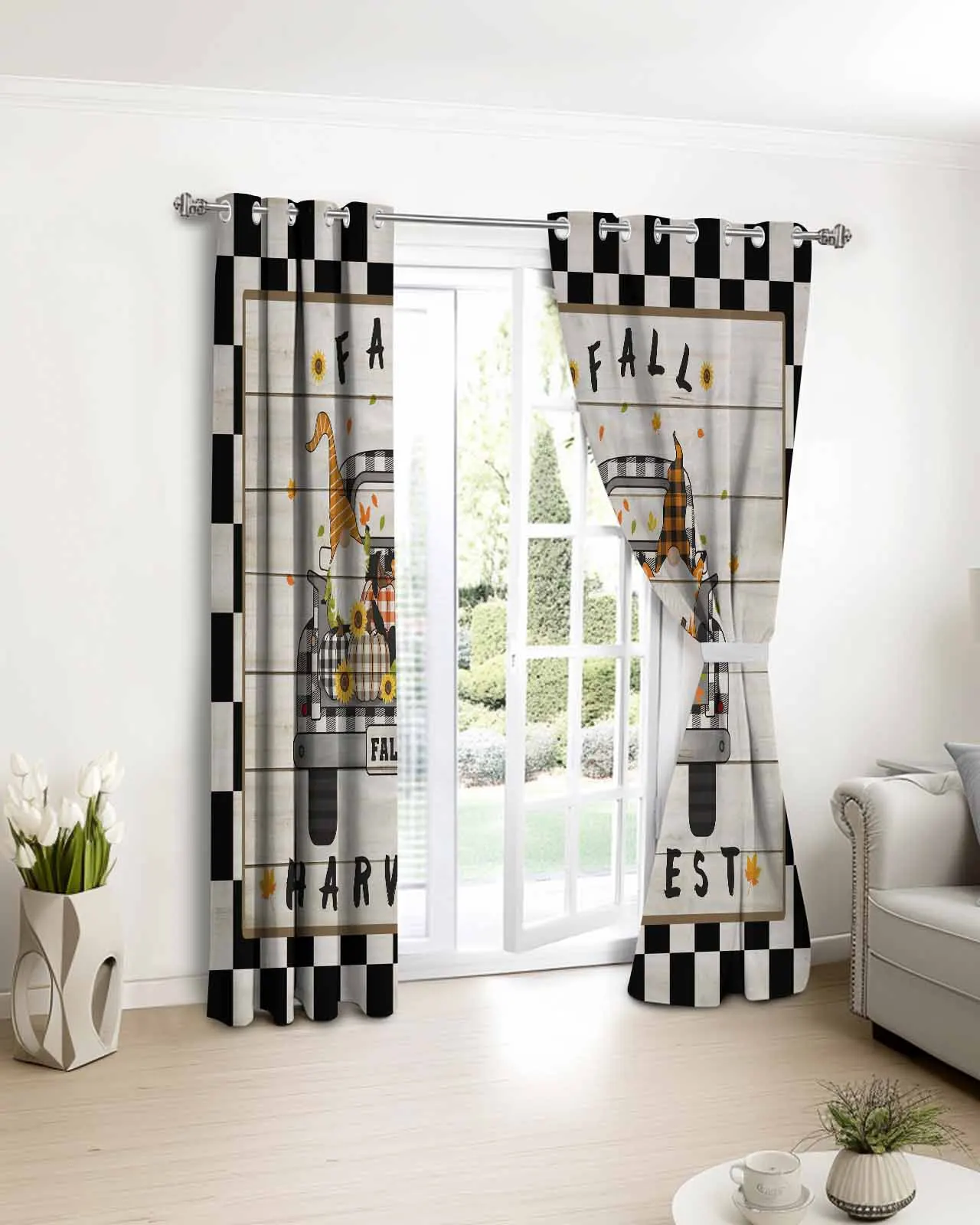 

2pcs, 1 panel Autumn Harvest Pumpkin Gnome Polyester Window Curtains For Living Room Kitchen Bedroom Drapes