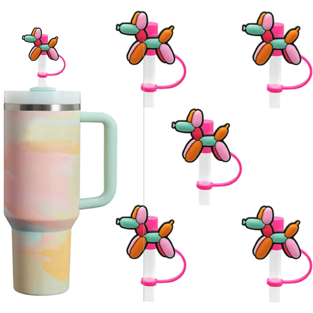 5PCS Colorful Balloon Dog Silicone Drinking Straw Cover Cap for Mugs,8mm Straw Topper Accessories, Splash proof Straw Tip Charms