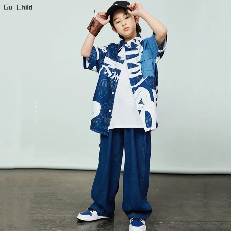 Hip Hop Boys Graffiti Jeans Shirt Loose Pants Girls Street Dance Cool Denim Jacket Kids Jazz Clothes Sets Children Streetwear