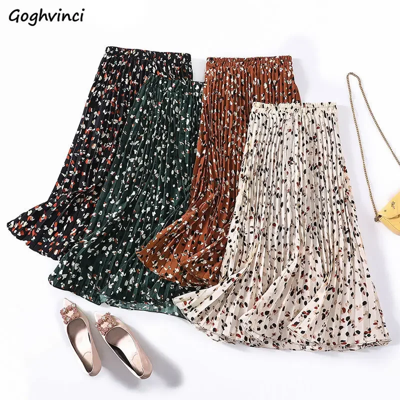 Midi Skirts Women Vintage Floral Pleated All-match Elegant Office Daily 4-colors Retro Fashion Girls A-line Chic Mujer Faldas