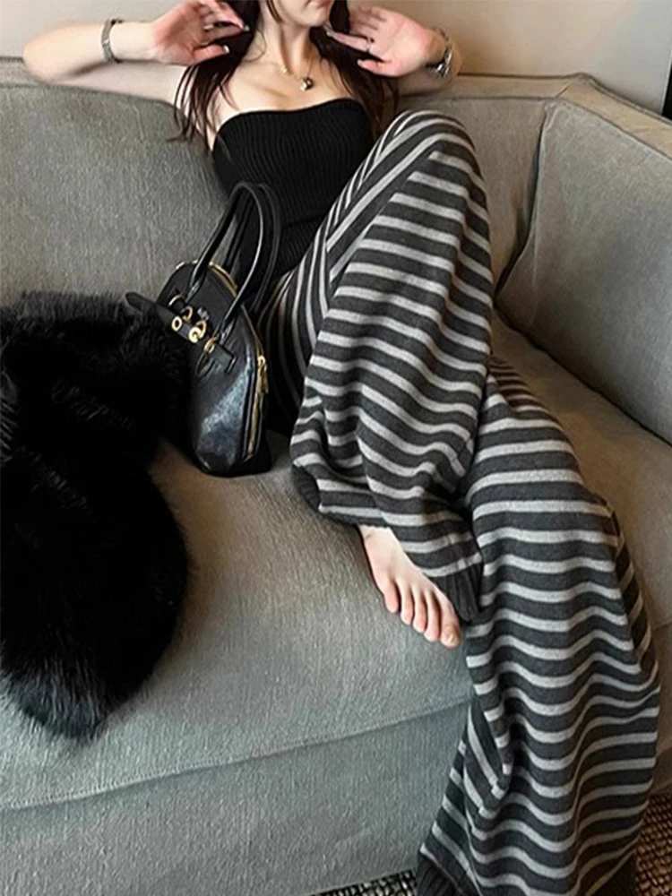 Korean Casual Baggy Knit Trousers for Women Horizontal Stripe Pattern Self‑Tie Waistband Soft Loose Floor‑Length Sweatpants