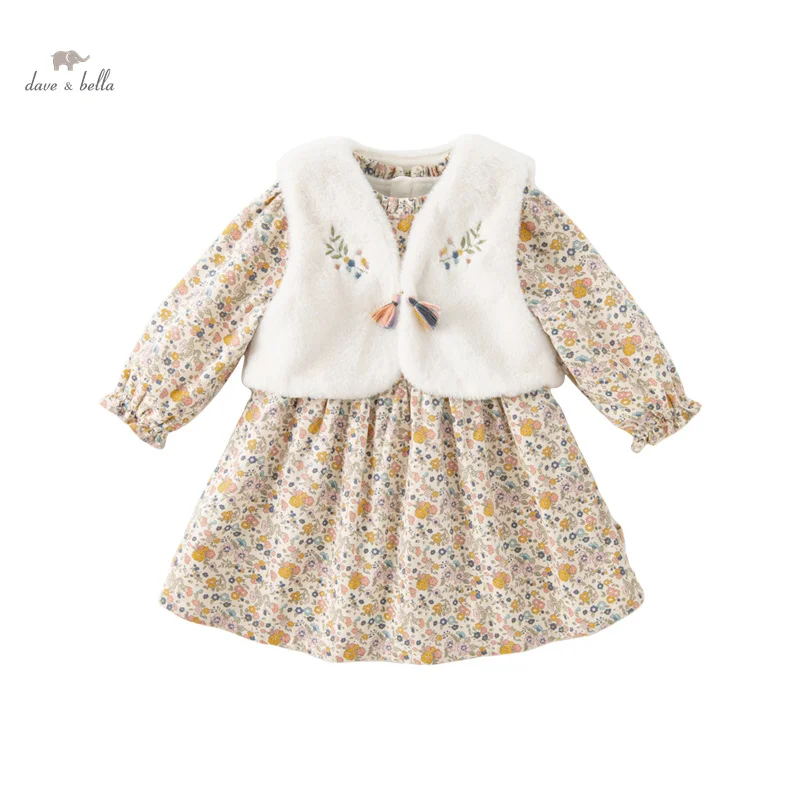 Dave Bella Girls Dress Children\'s 2023 New Autumn Winter Princess Dress Charm Sweet Classy Gentle Fashion Floral Party DB4237471