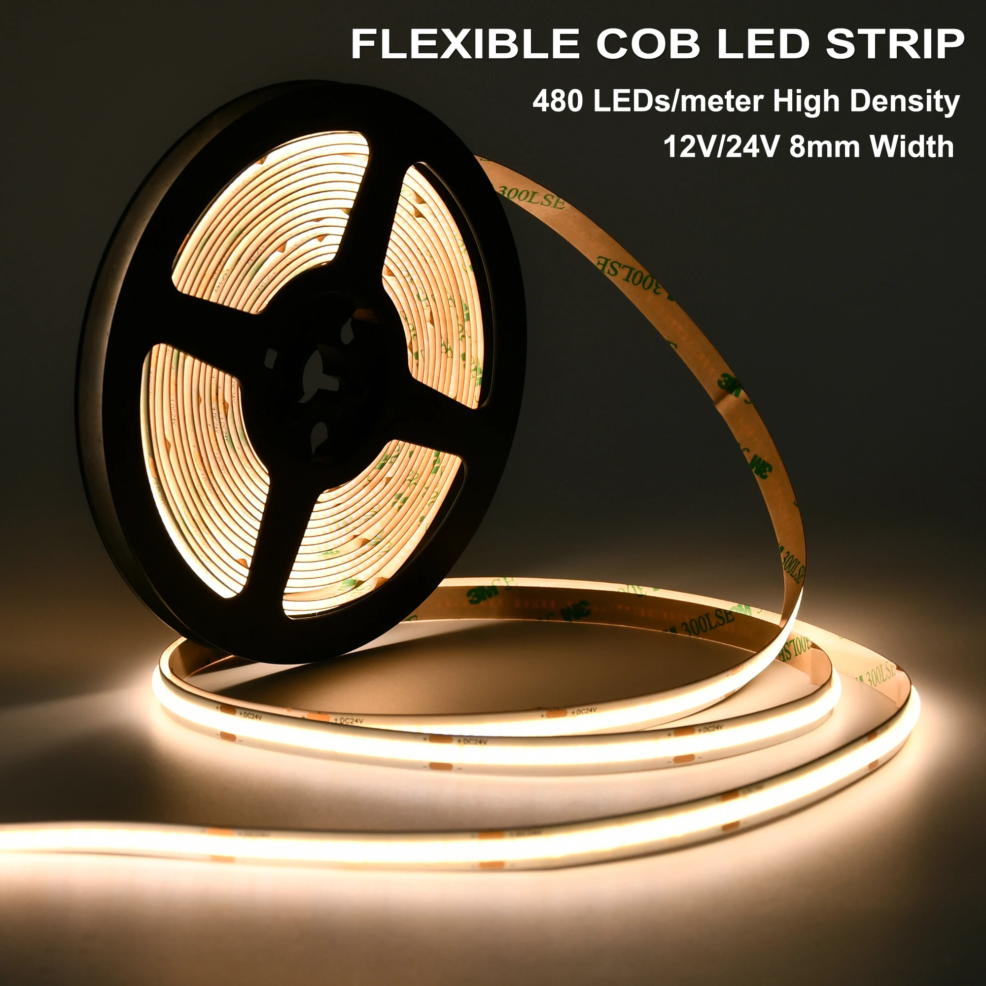 FCOB LED 스트립 조명, 8mm, 12V, 24V, 야간 조명, 480LED, M 유니폼, 글로우 구부릴 수 있는 테이프, 유연한 카운터 조명, 침실, 캐비닛용