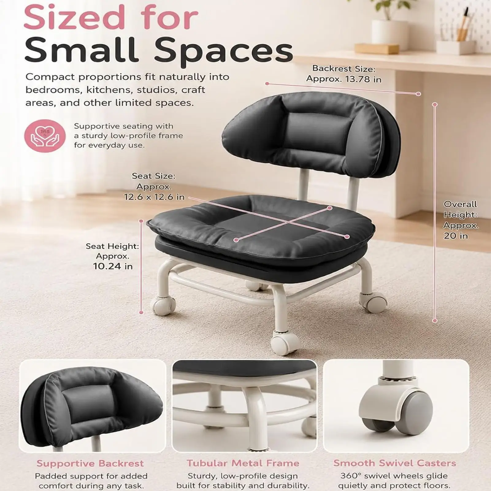Mini Swivel Stool with Backrest Padded Seat 360 Degree Silent Casters Cushioned Back Support Compact Armless Design for home