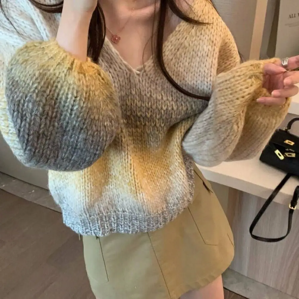 Vintage Languid Gradient V-neck Sweater Women\'s Casual Loose Long-sleeved Knit Top Sweater Mujer