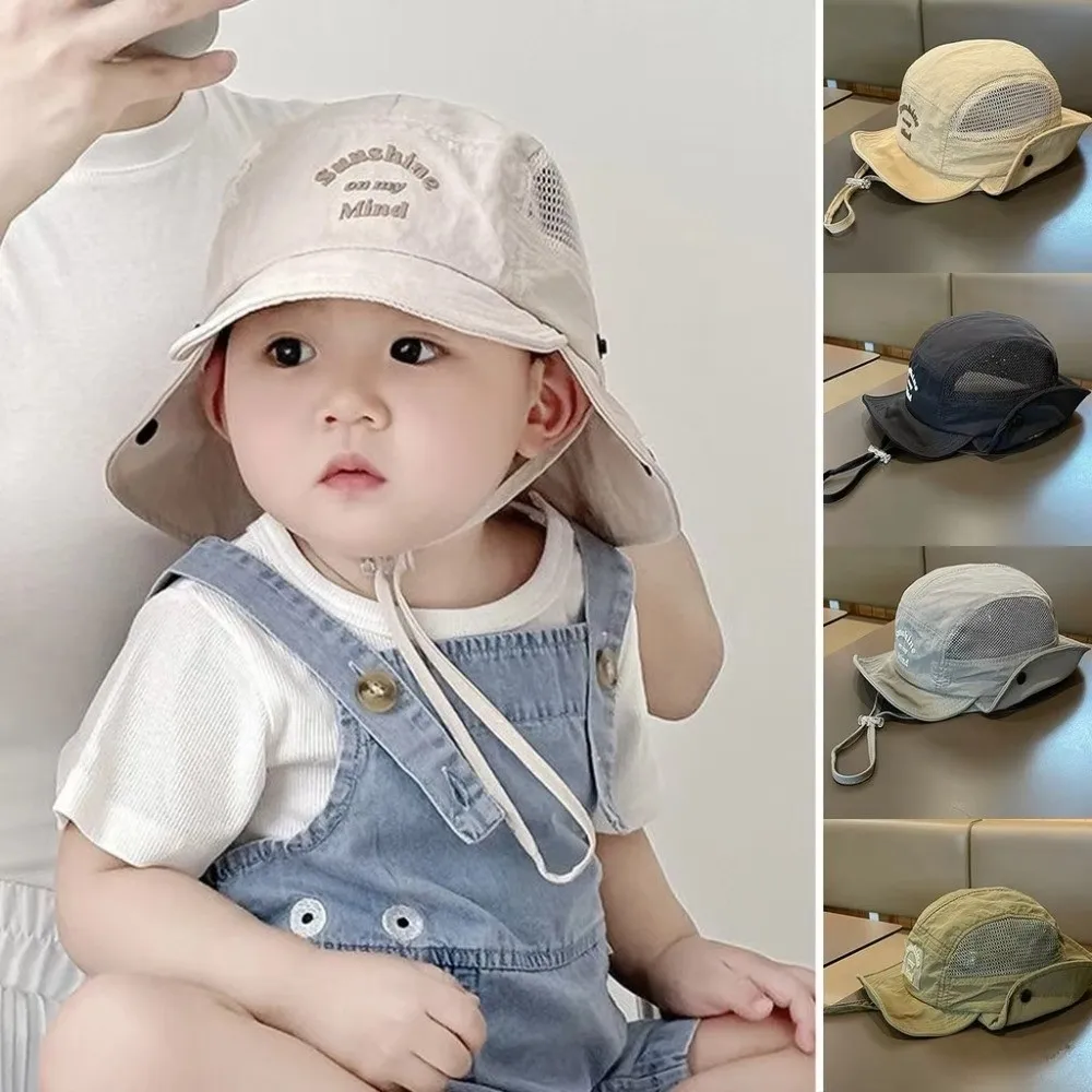 

Fashionable Quick-Dry Kids Bucket Hat Lightweight Mesh Breathable Sun Hat Solid Color Soft Brim Neck Protection Sun Hat Summer