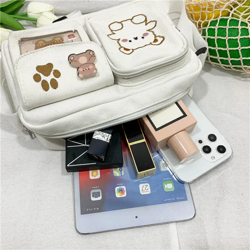 Japanese Style Girls Canvas Bag INS Women Shoulder Bag Cute Cartoon Bear Small Square Bag Student Messenger Bag