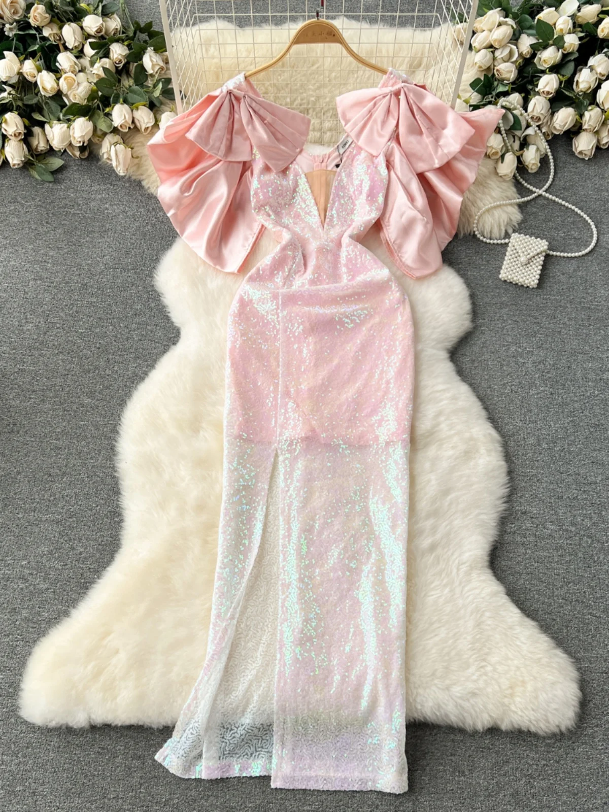 High-Grade Banquet Dress High-End Affordable Luxury Niche Satin Short-Sleeved Bow Slim-Fit Long Sequins Women