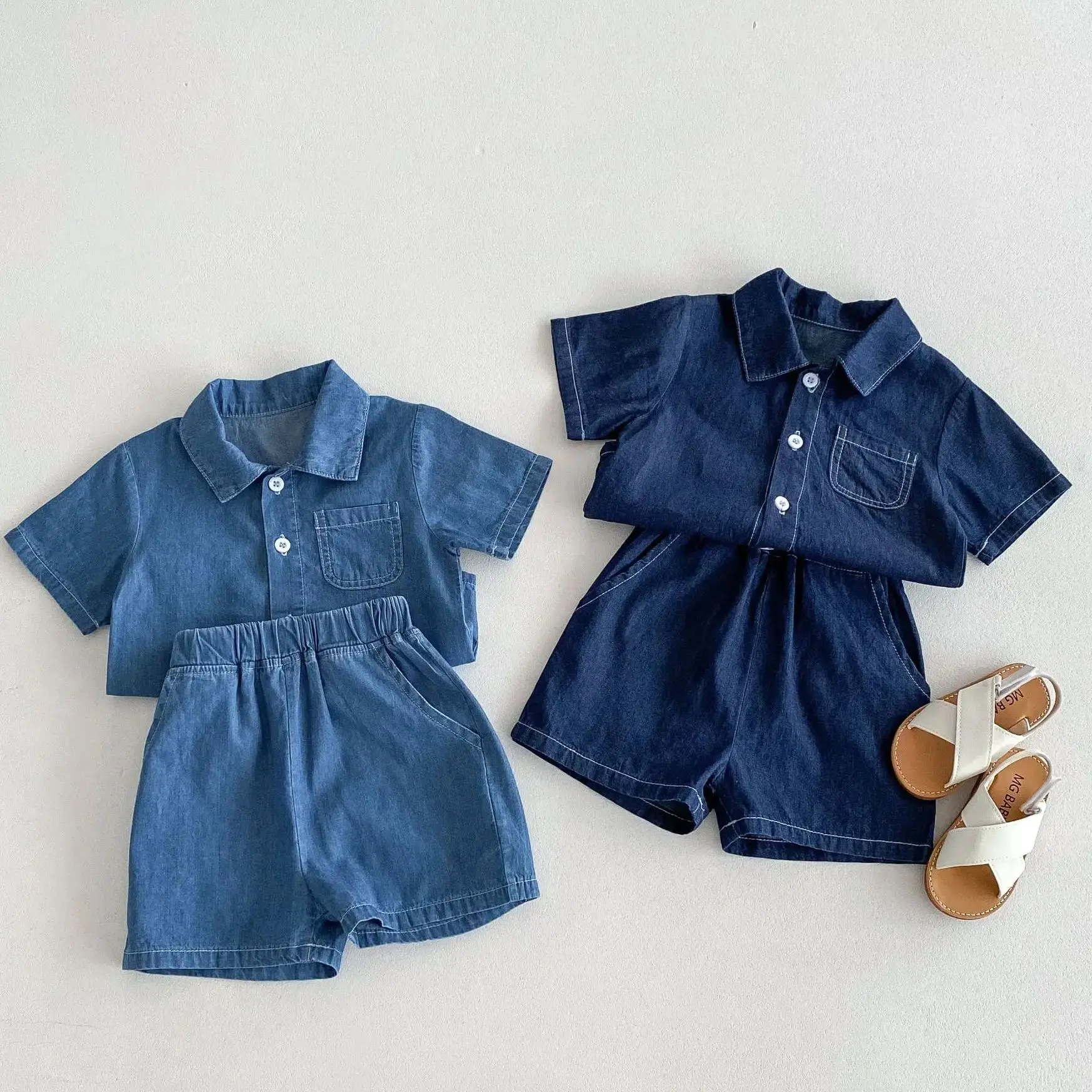 

Новый летний ковбойский кардиган для мальчиков, топ с короткими рукавами и шорты, однотонный ковбойский комплект с карманами для девочек и короткими рукавами для малышей