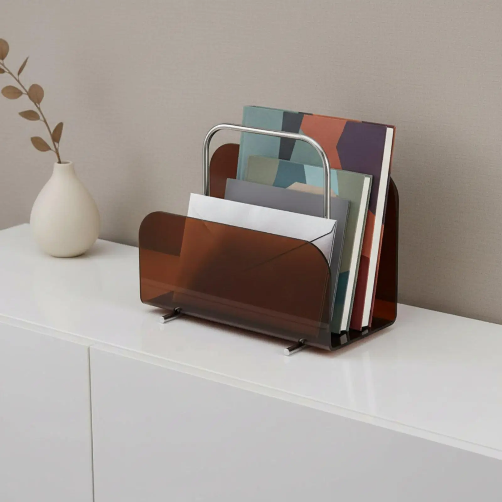 Acrylic Magazine Rack Desk Organizer Modern Letter Shelf with Handle for Books Documents Storage Table