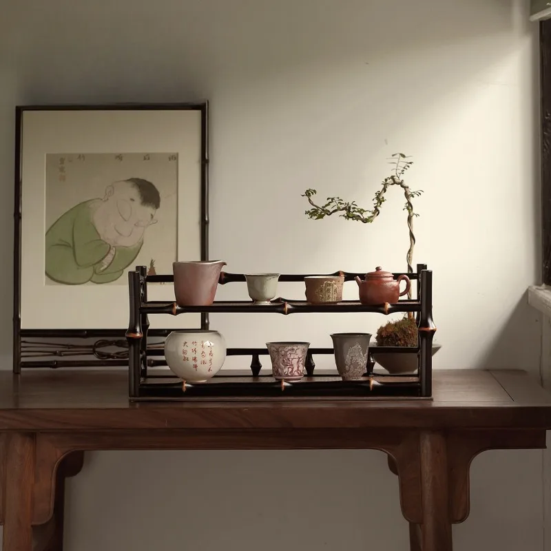 2-Tier Bamboo Tea Cup Teapot Storage Display Rack Household Tea Set Tabletop Multilayer Kitchen Counter Organizer Holder