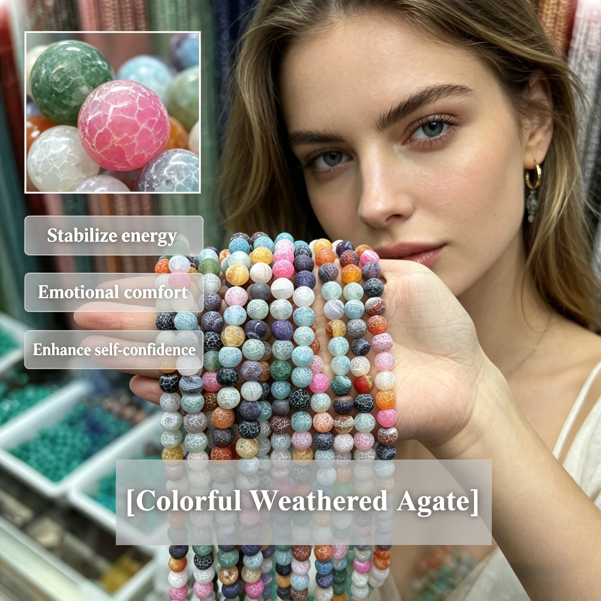 Colorful Weathered Agate Beads 4 6 8 10mm Natural Stone Round Loose Beads Bracelets DIY Supplies Mixed Color Jewelry Accessories