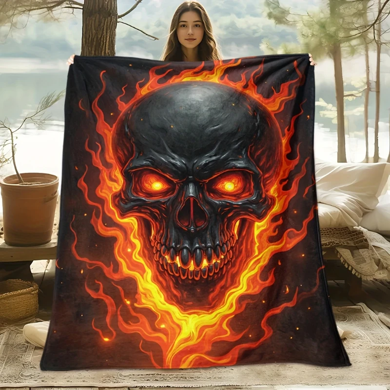 Flame Surrounded Dark Skull Graphic Throw Blanket,Warm Sofa,Bed Cover,Game Room,Birthday Festival Hobby Gifts