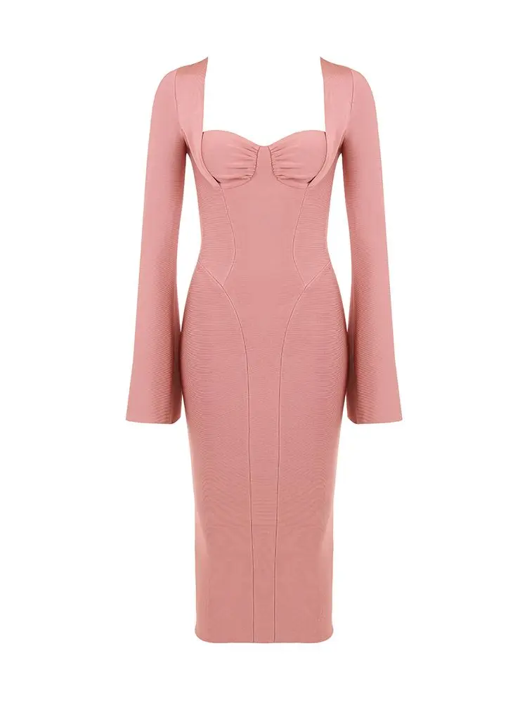 

HQBORY Pink Evening Long Sleeves Bandage Women Dress Autumn Winter Flare Slim Tight Bodycon Vestidos Maxi Paerty Office Vestidos