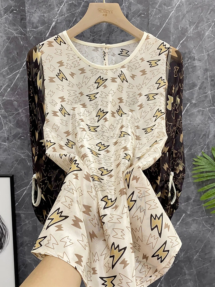 

Young Design Graffiti Silk Shirt Women's Summer Fashionable Elegance Lantern Sleeve Silk Print Top Commute round Neck Shirt