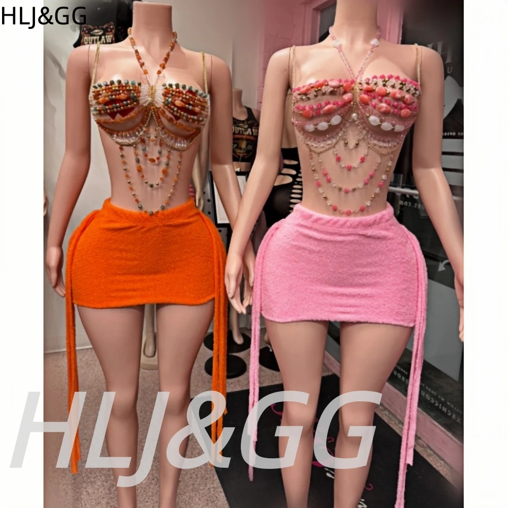 HLJ&GG Sexy Rhinestone Beads Halter Hollow Two Piece Sets Women Sleeveless Crop Top And Tassel Mini Skirts Outfit Y2K Streetwear
