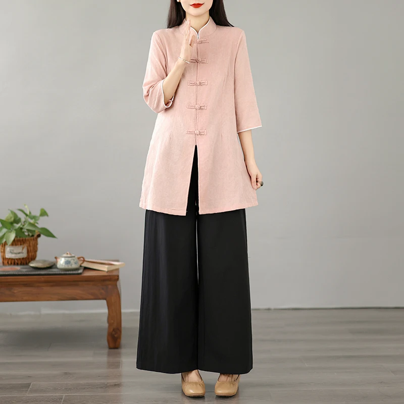 Chinese Traditional  Top And Tea Ceremony Outfit Women's Two-Piece Set Foot Bath And Ear Picking Workwear Cotton Mat...
