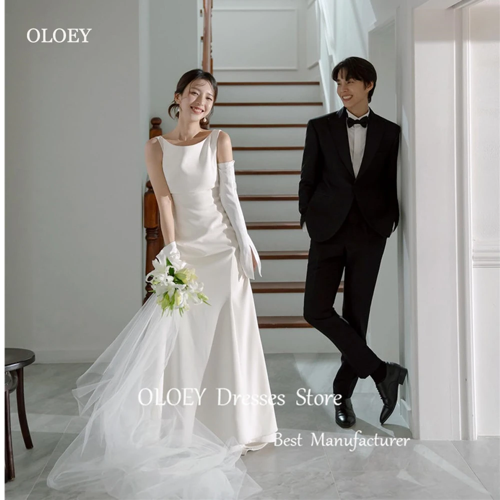 

OLOEY Simple Scoop Neck Mermaid Korea Wedding Dresses Photo shoot Scoop Neck Floor Length Bridal Gowns Vestido de noiva